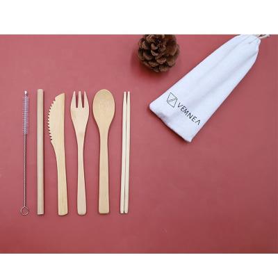 China Sustainable bamboo utensils set includes straw, spoon, fork, knife, chopsticks, brush and storage bags for sale