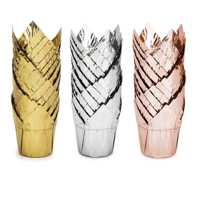 China Rose Red Foil Petal Design Gold Disposable Ribbon Cupcake Bun Tulip Baking Cups Paper Liners for sale