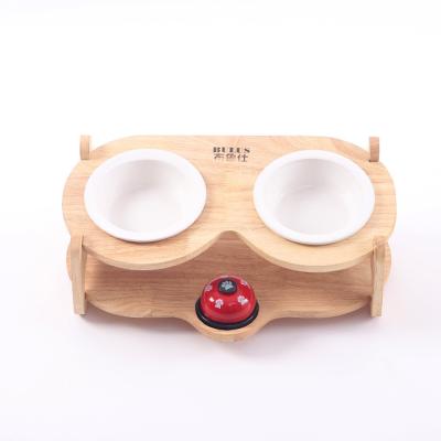 China Amazon Pet Factory Sustainable Hot Selling Ceramic Luxury Double Outlet Bell Interactive Wood Cat Bowl for sale