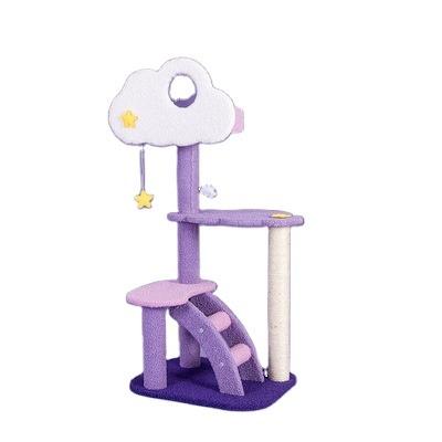 China 2021 Luxury Purple Funny Flower Cat Wooden Pet Play House Sustainable With Scratches Cat Tower Tree for sale