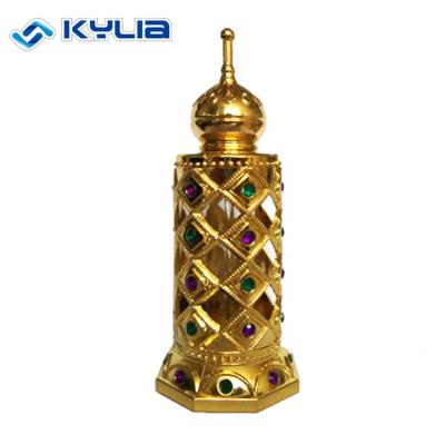 China Dubai Arabian Metal Personal Care Style Essential Oil Bottles Alloy Attar Oil Empty Perfume Bottles With Colorful Gemstone for sale