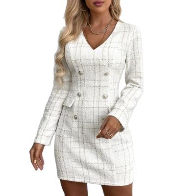 China 2022 viable the latest design style dress prettytittlething women's long sleeve V-neck button tweed dress elegant plaid dress for sale