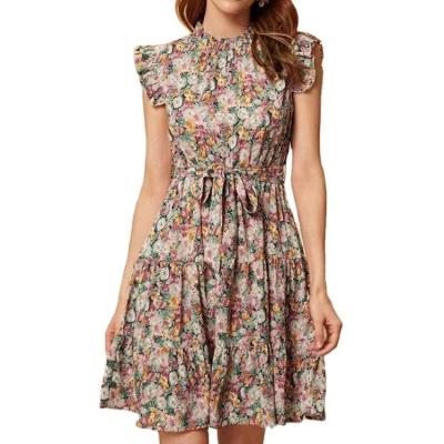 China Viable Hot Sale Customized Causal High Waist Floral Print Ruffle Edge Belted Mini Dress For Women for sale