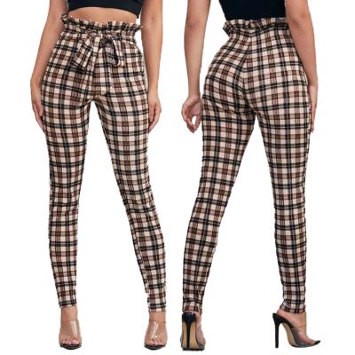 China 2021 Latest Grid Anti-Wrinkle Waisted Tops Belt Pants Western Style Printing Clothes For Women Femme for sale