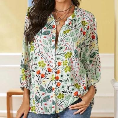 China 2022 New Spring Chiffon Sleeves Blouses Floral Shirt Ladies 3/4 V-Neckline Blouses And Tops for sale