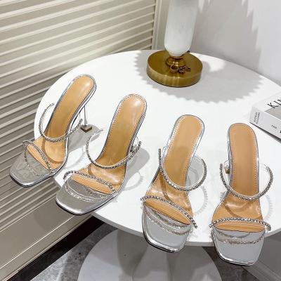 China SHOCK ABSORBING PVC Crystal Decoration Sexy Fashion 2022 New Silver Open Lady Sandals Party Pumps Slippers Toe High Heel Shoes Summer Office for sale