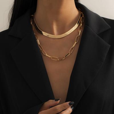 China 2022 Multi Layer Punk Hip Hop All-match Hollow Chain Double-layer Necklaces Women Silver Plating Snake Bone Chain Necklaces for sale