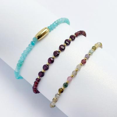 China Bestone 3mm Colorful Tourmaline Bracelet Romantic Natural Stone Bangle With Real Gold Spacers For Ladies for sale