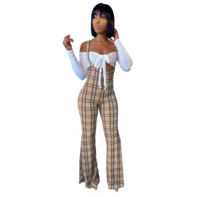 China W2009-fall sustainable durable long sleeve off the shoulder top with plaid suspender jumpsuit set two-piece outfits for sale