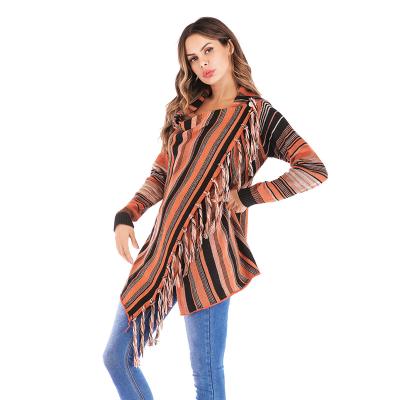 China Hot Sale Anti-Shrink Autumn Long Sleeve Striped Tassel Knitted Women Sweater Coat for sale