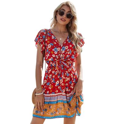 China Summer Breathable Wholesale Beach V-neck Dress Boho Flower Bohemian Dress for sale