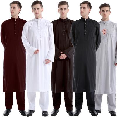 China Custom new al haramain modern formal casual daily maxi muslim thobe 2 piece men suit pure color islamic clothing for sale