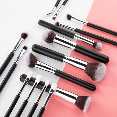 China Angular Blush High Quality Black Wooden Handle Plated Fiber Brush 15pcs Bright Silver Soft Makeup Brush for sale