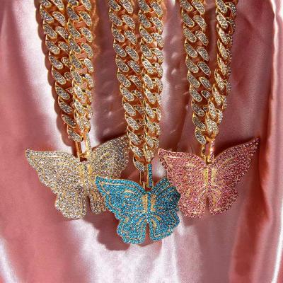 China CZ AAA CLASSIC Zircon Diamond Butterfly Cuban Link Chain Ice Out Pendant Necklace Jewelry for sale