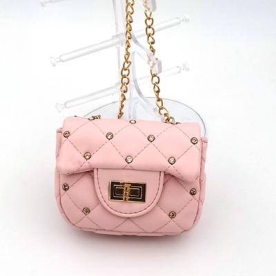 China Fashion Kids Mini Rivet Rhinestone Shoulder Bag Pink Candy Chain Coin Purse Pu Diamond Quilting Kids Girls Handbag for sale