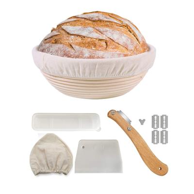 China New Viable Amazon Package Bread Proofing Basket Set Kit With Wooden Bread Lame Plastic Scraper For Sourdough Home Baking Baker for sale