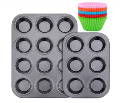 China Sustainable Set of 2 6 Cup Metallic 12 Stick Muffin Brownie Cups Non Baking Mold with Silicone Cake Cup Cupcake Carbon Steel Mold for sale