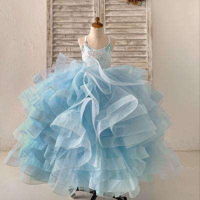 China Butterfly Sleeveless Beaded Sequin Tulle Wedding Flower Girl Dress Kids Blue Princess Birthday Ball Gown for sale