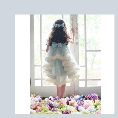 China Blue Cap Sleeve Lace Dotted Tulle Wedding Flower Girl Dress Kids Dress Gown With Cape for sale