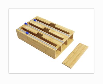 China Sustainable Natural Bamboo Ziplock Organizer Bag Storage Drawer Organizer Wooden Customized Ziplock Box Organizer with Aluminum Foil Cutter for sale