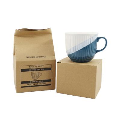 China Sustainable Customizable Gift Box Drinking Cup Ceramic Mug Blue and White Glaze Embossed Striped Coffee Mugs for sale