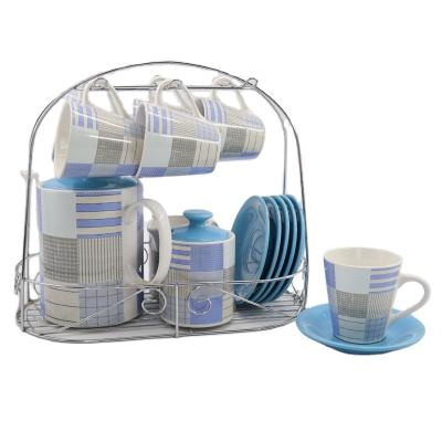 China Country Country Style Classic Blue Patterned Ceramic Coffee Cup And Saucers Teapot With Stand Mental Tea Set for sale