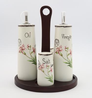 China 4 Pcs Vintage Viable Stocked Ceramic Olive Oil Bottle Spice Containers Ceramic Salt And Pepper Shakers With Wooden Rack for sale