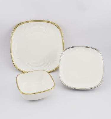 China Sustainable Place Plate Gold or Silver Rim White Plates Bowl Sets Porcelain Dinnerware Set for Hotel Restaurant for sale