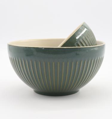 China Sustainable OEM Customized Japanese Style Food Mixing Bowls Gloss Green Tableware Embossed Ceramic Salad Bowl for sale