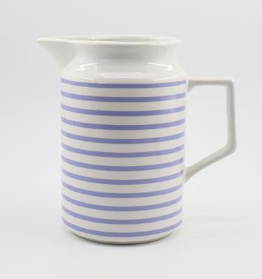 China Sustainable Wholesale Blue Striped Ceramic Water Jug Stoneware Printed Water Pitcher Kettle for sale