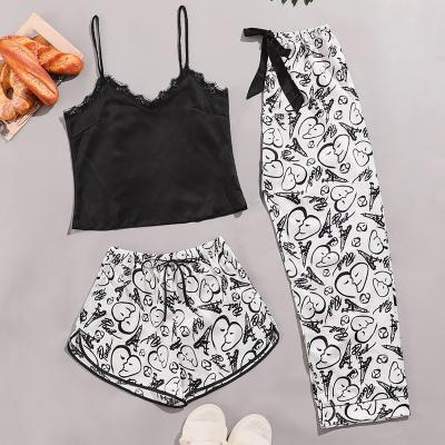 China High quality custom logo summer camisoles shorts pants QUICK DRY three pieces set printing sleepwear home loungewear thin silk satin pj for sale