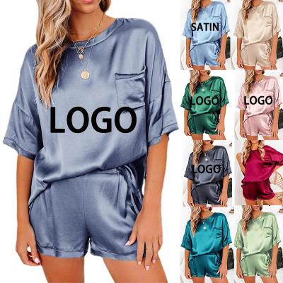 China 11 Colors QUICK DRY Custom Made Satin Woman Sleepwear Set Silk Short Sleeve Shorts Two Piece Pajamas Plus Size Pajamas for sale