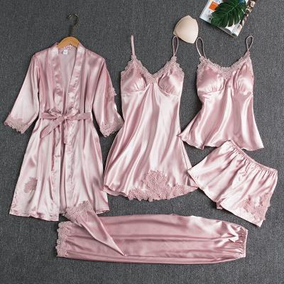 China Custom Logo Ladies Homewear QUICK DRY Silk Satin Nightgown Sleepwear Pajamas 5 Piece Sets for sale