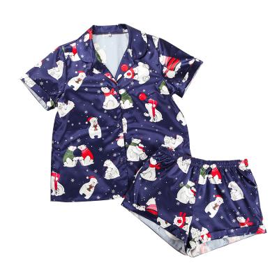 China 2022 Custom Made Quanzan Label Dropshipping Breathable Christmas Pajamas Set Women Short Sleeve BearPrint Fleece Nightgown + Shorts Cartoon for sale