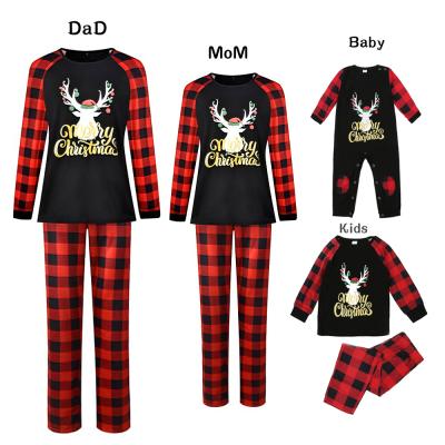 China New Breathable Quanzan Design Christmas Red+Black Pajamas Plaid Kids Bronzing Reindeer Print Baby Romper Costume Women Sleepwear Pajamas for sale