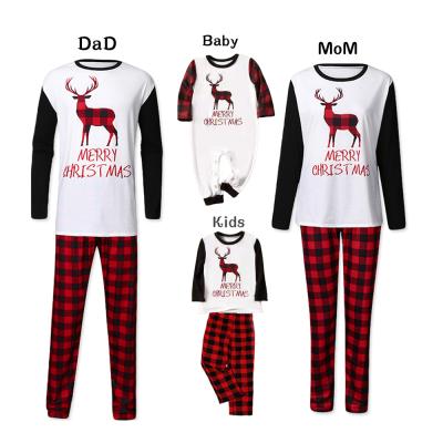 China Quanzan Christmas Wholesale Breathable Pajamas Sets For Family Reindeer Print White Tops + Black And Red Plaid Pajamas Pants Suit Men for sale