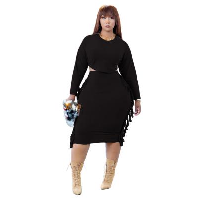 China Factory direct sale viable hot sale women's short top with tassels knee-length skirt sleeve long plus size two-piece suit for sale