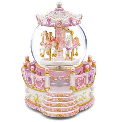 China Resin+Glass European Style 3 Horses Carousel Crystal Ball Music Box with Flowers and Stairs Carving Gifts for Girls Kids Teachers for sale