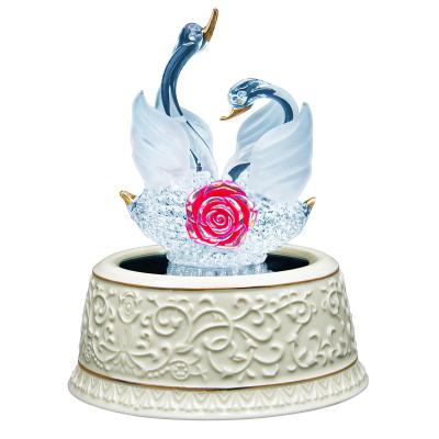 China Romantic Glass+Ceramics Swan Couple Decorated With Red Rose Crystal Music Box Gift For Girlfriend Or Kids for sale