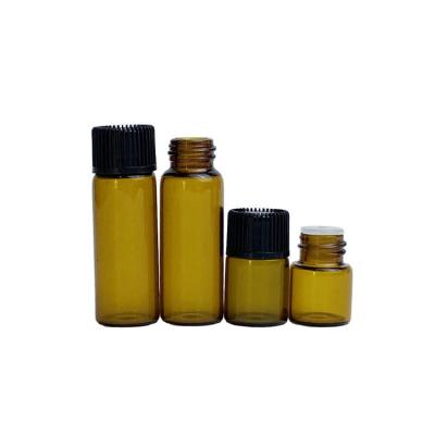 China 1ml 2ml 3ml 5ml Essential Oil Sample Vials Cosmetic Amber Glass Bottle With Black Cap for sale