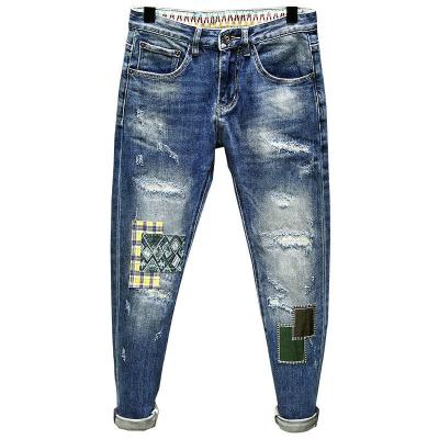 China Fashion Breathable Brand Jeans Hot Selling Leopard Patch High Street Slim Plus Size Pants Mens Jeans for sale