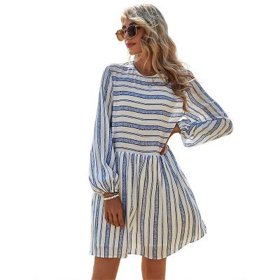 China Spring Women's Fashion Women's T-shirt Dress Casual Splicing Loose Striped Dresses High Waist One-Line Skirt Wholesale Women's Dry Cleaning Clothing Spring for sale