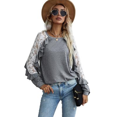 China Fall QUICK DRY Fashionable Loose White Lace Stitching Long Sleeve Round Neck Solid Color Sweater Ladies T-shirt Women Clothing for sale