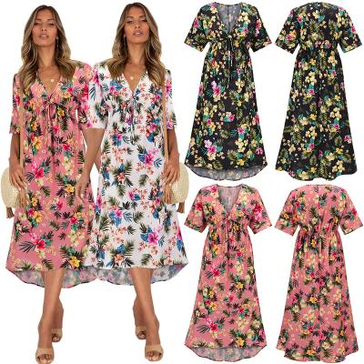 China V-Neck Summer Dresses Cotton Casual Commuter Women Anti-Static Print Bohemian Floral Clothing for sale