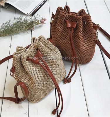 China Wholesale Stocked Natural Woven Bohemian Bohemian Bucket Bag Crochet Bucket Shoulder Bag Brown Simple Leather Strap Bucket Bag PCP B734 Bucket Bag Crochet Simple Leather Strap Bucket Bag Brown for sale