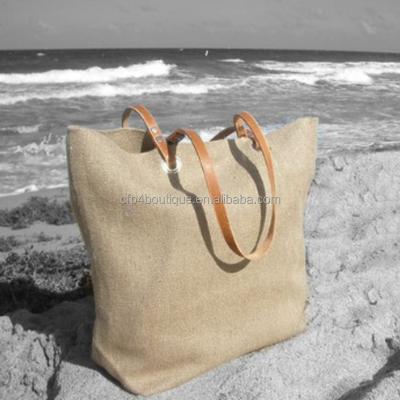 China Eco-friendly CFP B174 Handle Large Beach Bag Jute Leather Beach Bags for sale