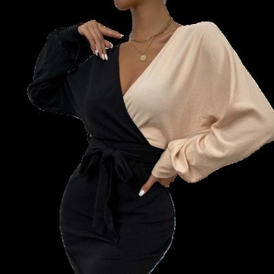 China Anti-static Hot Sale Two Color Batwing Sleeve Casual V-Neckline Belted Bodycon Dress for sale