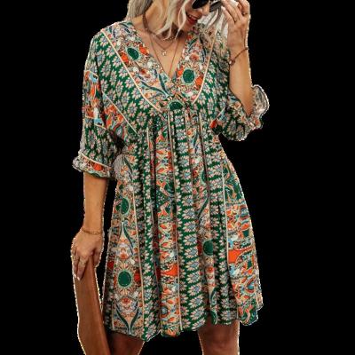 China Hot Selling Casual Lady Anti-Static All Over Back V-Neck Tied Knee-Length Floral Print Half Sleeve Women Dress for sale