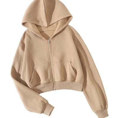 China 2022 new stylish Anti-wrinkle solid zipper up drop shoulder crop hooded zipper coated winter drop jackets for ladies for sale