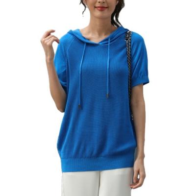 China Anti-Wrinkle Wholesale OEM Cotton Fashion Weave Short Sleeve Solid Color Women High Quality Hooded T-shirt for sale